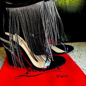 Louboutin rhinestone fringe wedge PVC 38 Courtain Love Strass 100 black silver